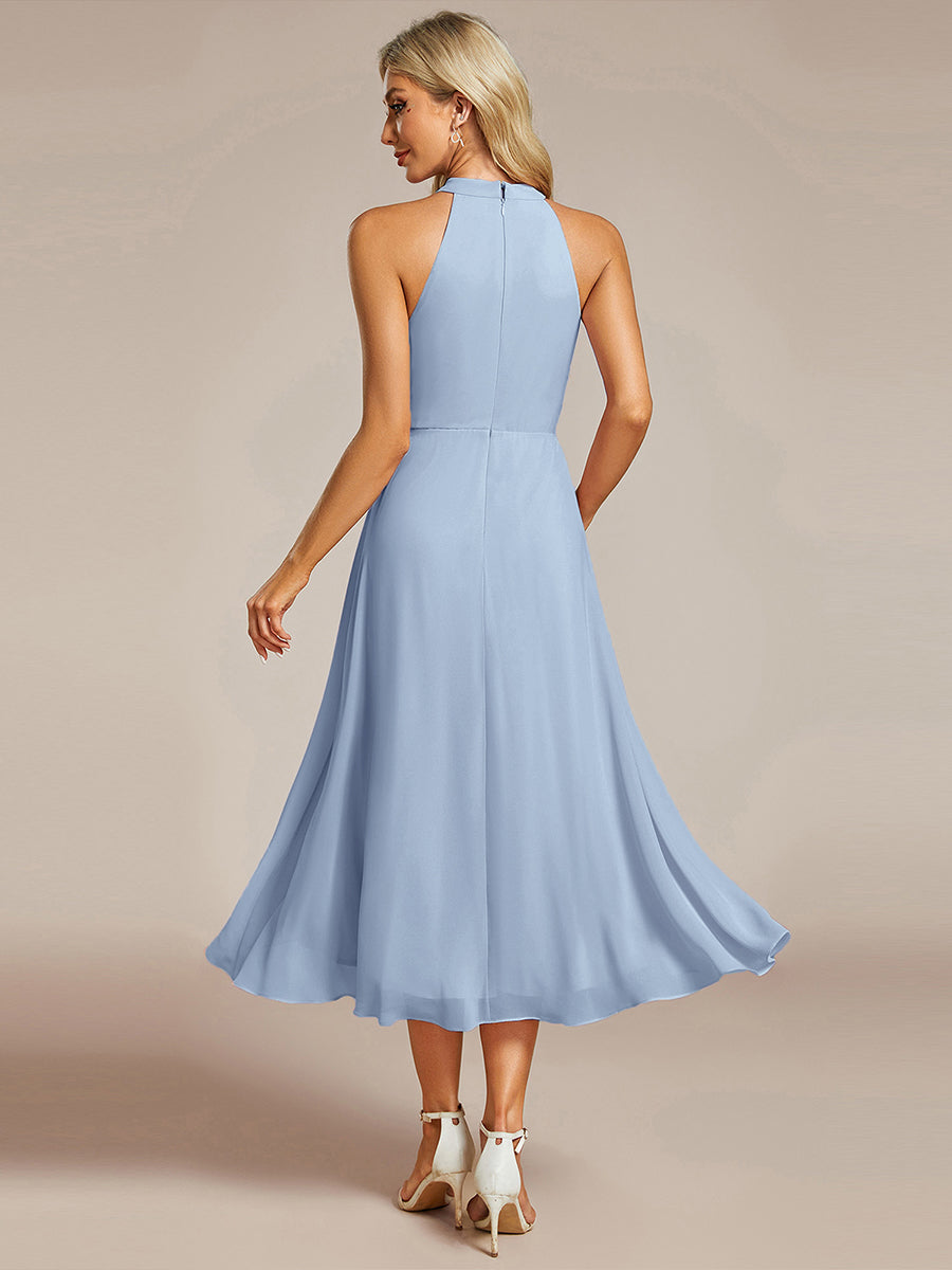 Hochtief Halterneck A-Linie Chiffon Kleid Mit Raffungen #Farbe_Eisblau