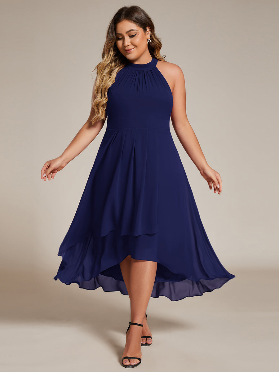 Hochtief Halterneck A-Linie Chiffon Kleid Mit Raffungen #Farbe_Marineblau