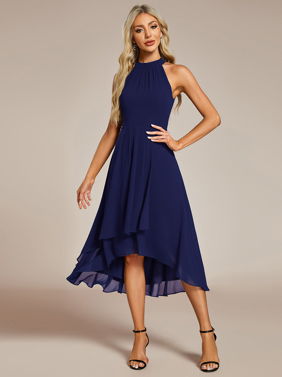Hochtief Halterneck A-Linie Chiffon Kleid Mit Raffungen #Farbe_Marineblau