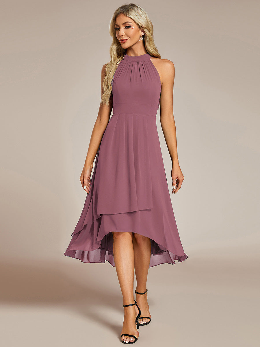 Hochtief Halterneck A-Linie Chiffon Kleid Mit Raffungen #Farbe_Orchideenviolett
