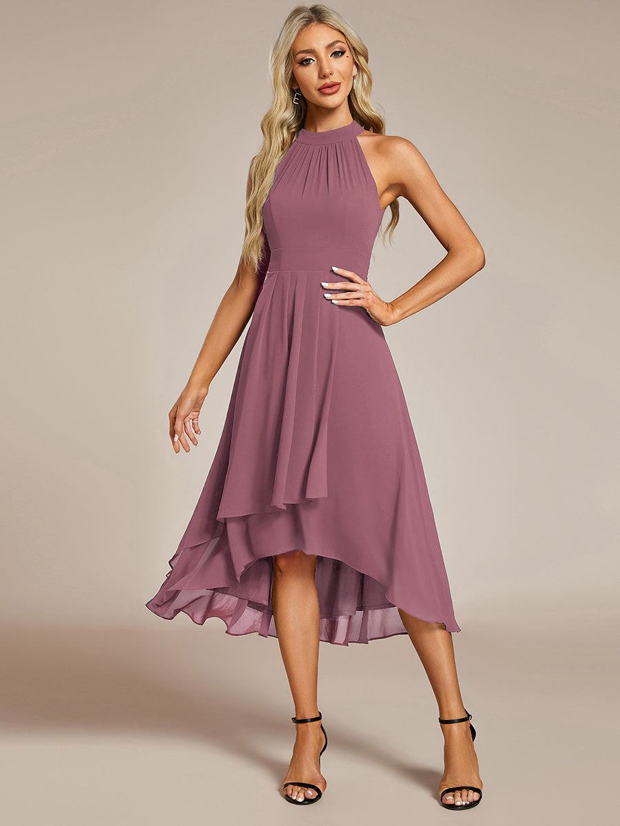 Hochtief Halterneck A-Linie Chiffon Kleid Mit Raffungen #Farbe_Orchideenviolett