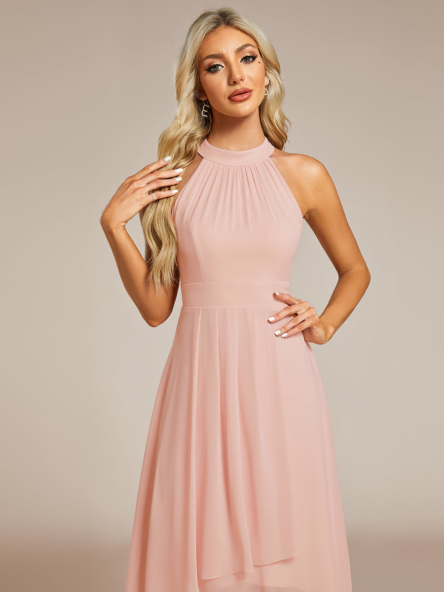 Hochtief Halterneck A-Linie Chiffon Kleid Mit Raffungen #Farbe_Rosa