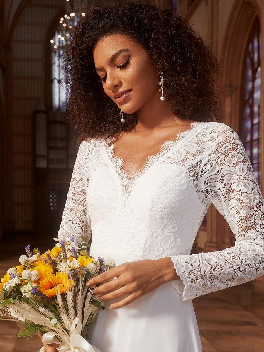 Elegantes A-Linien-Brautkleid aus Spitze und Chiffon mit langen ?rmeln #Farbe_Weiß