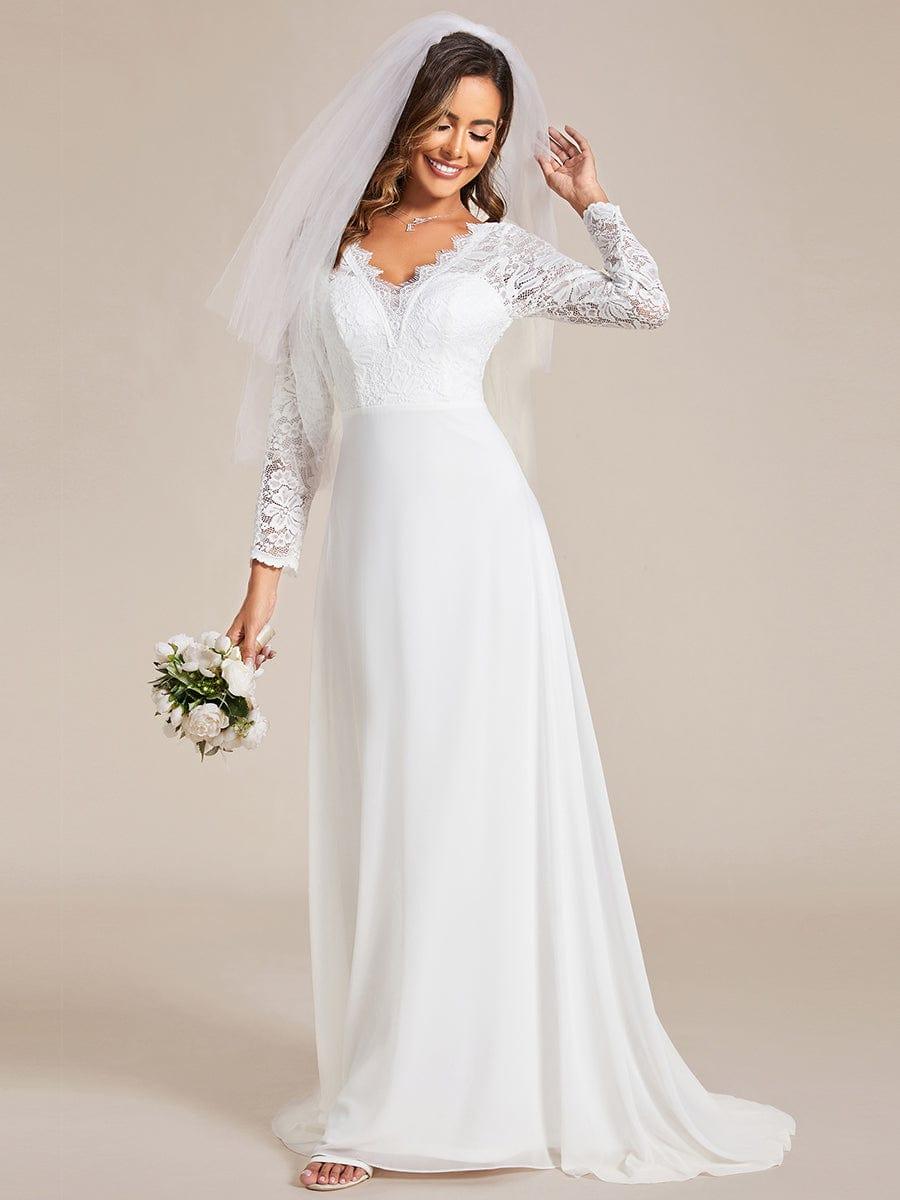 Elegantes A-Linien-Brautkleid aus Spitze und Chiffon mit langen ?rmeln #Farbe_Weiß
