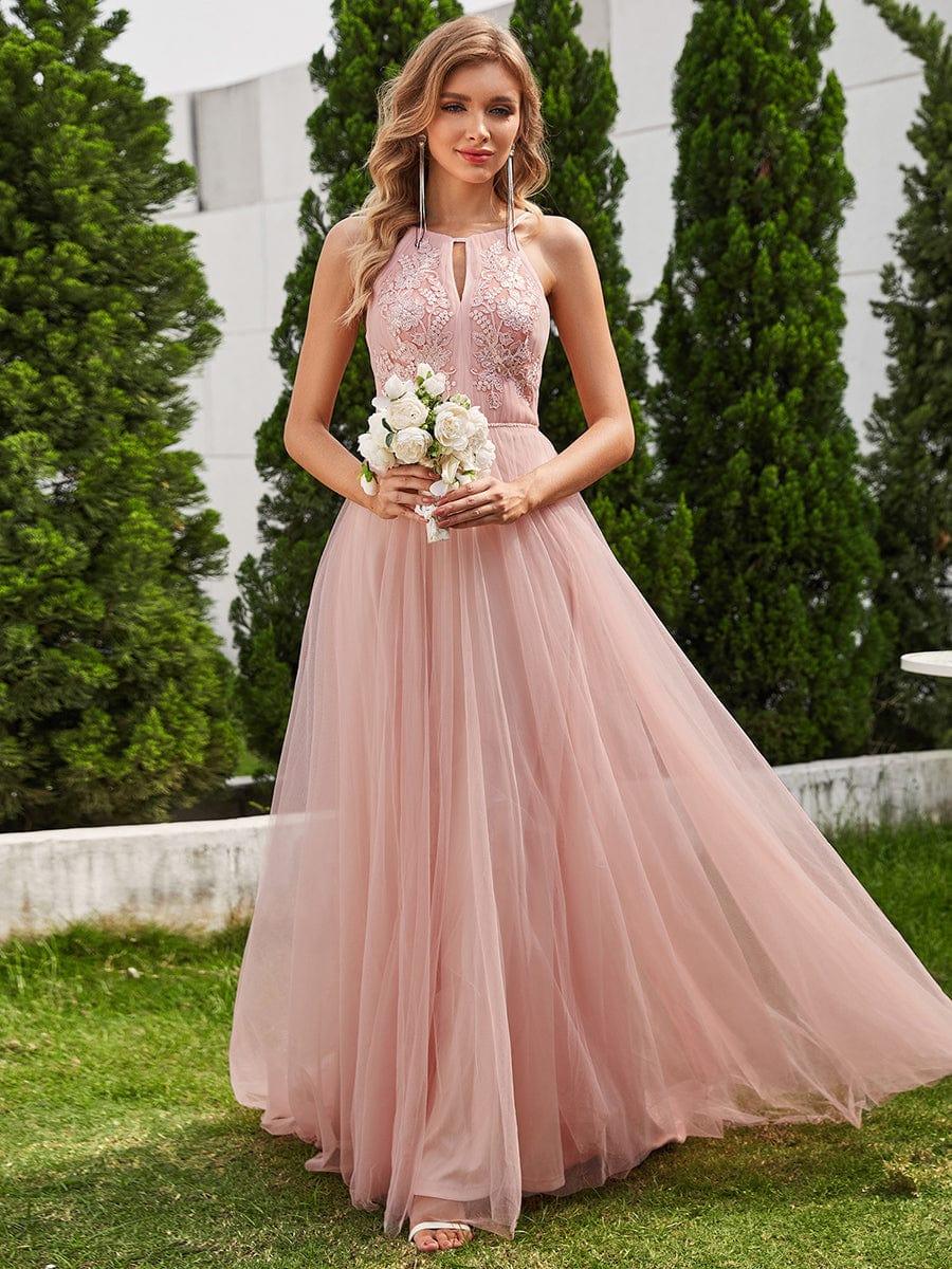 A-Linien-Brautkleid aus Tuell mit Neckholder und Applikationen in Rosa #Farbe_Rosa