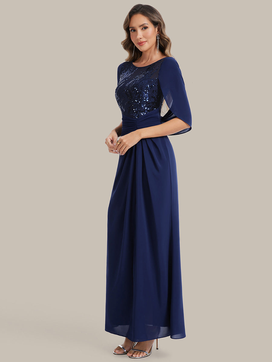 Maxi Chiffon A-Linie Kleid Mit Rundhalsausschnitt Raffung Und Durchsichtiger Cowl Neck Detail #Farbe_Marineblau