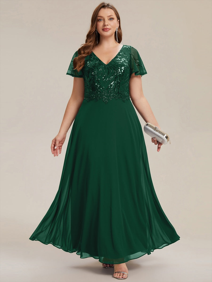 Maxi V-Ausschnitt A-Linie Pailletten Kleid Mit Tiefem V-Ausschnitt Und Applikationen Durchsichtiger Stil Kleid #Farbe_Dunkelgrün