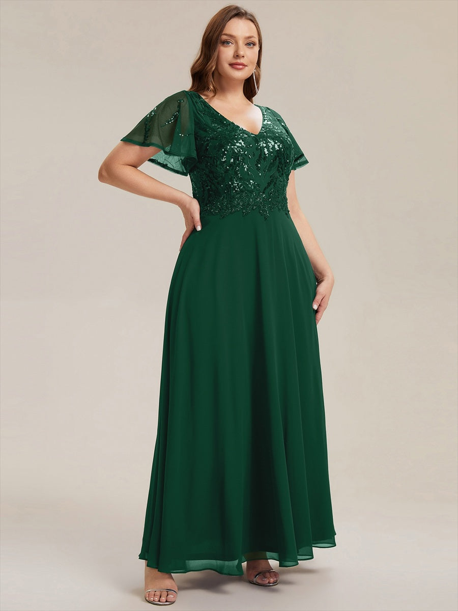 Maxi V-Ausschnitt A-Linie Pailletten Kleid Mit Tiefem V-Ausschnitt Und Applikationen Durchsichtiger Stil Kleid #Farbe_Dunkelgrün