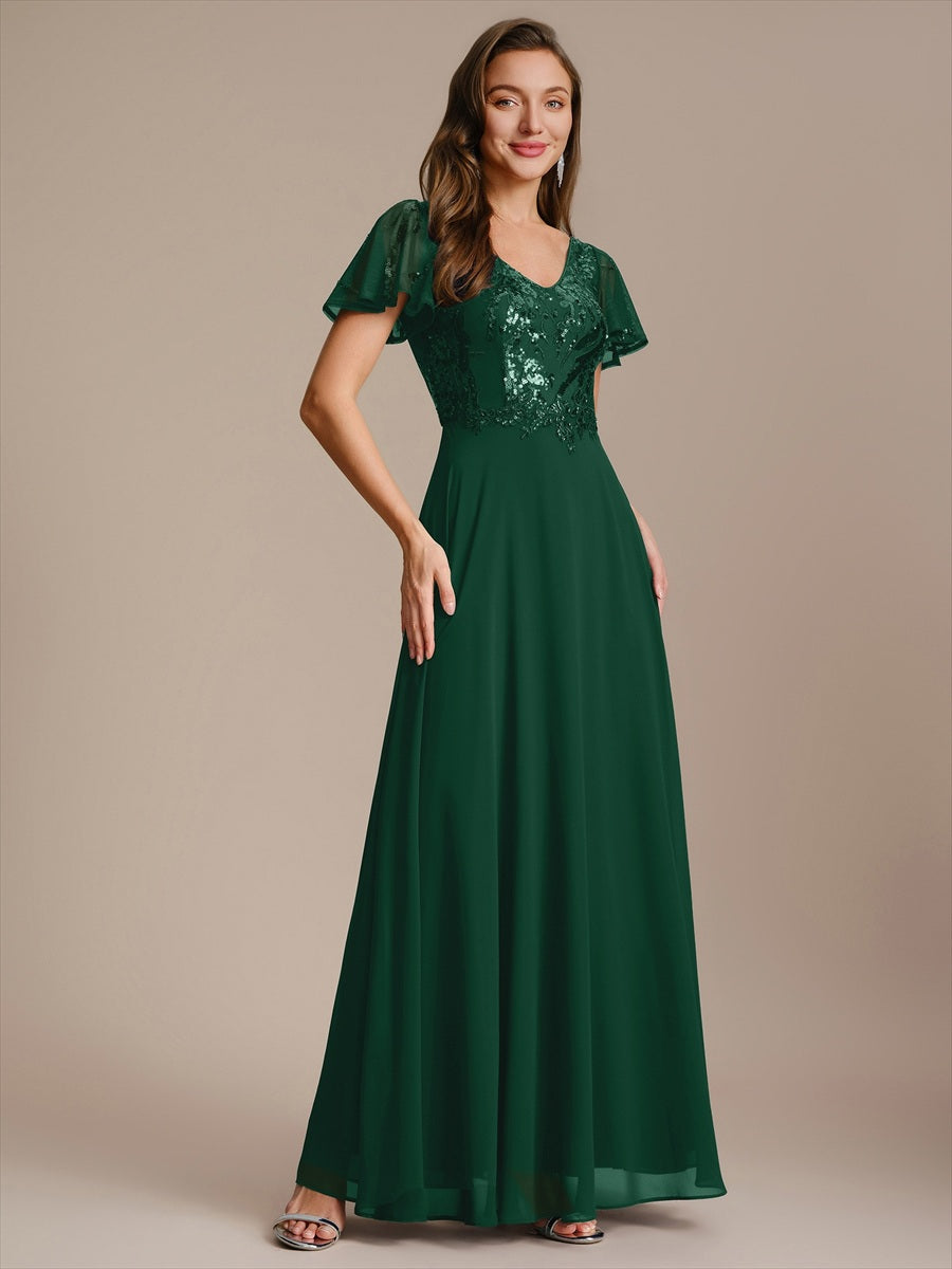 Maxi V-Ausschnitt A-Linie Pailletten Kleid Mit Tiefem V-Ausschnitt Und Applikationen Durchsichtiger Stil Kleid #Farbe_Dunkelgrün