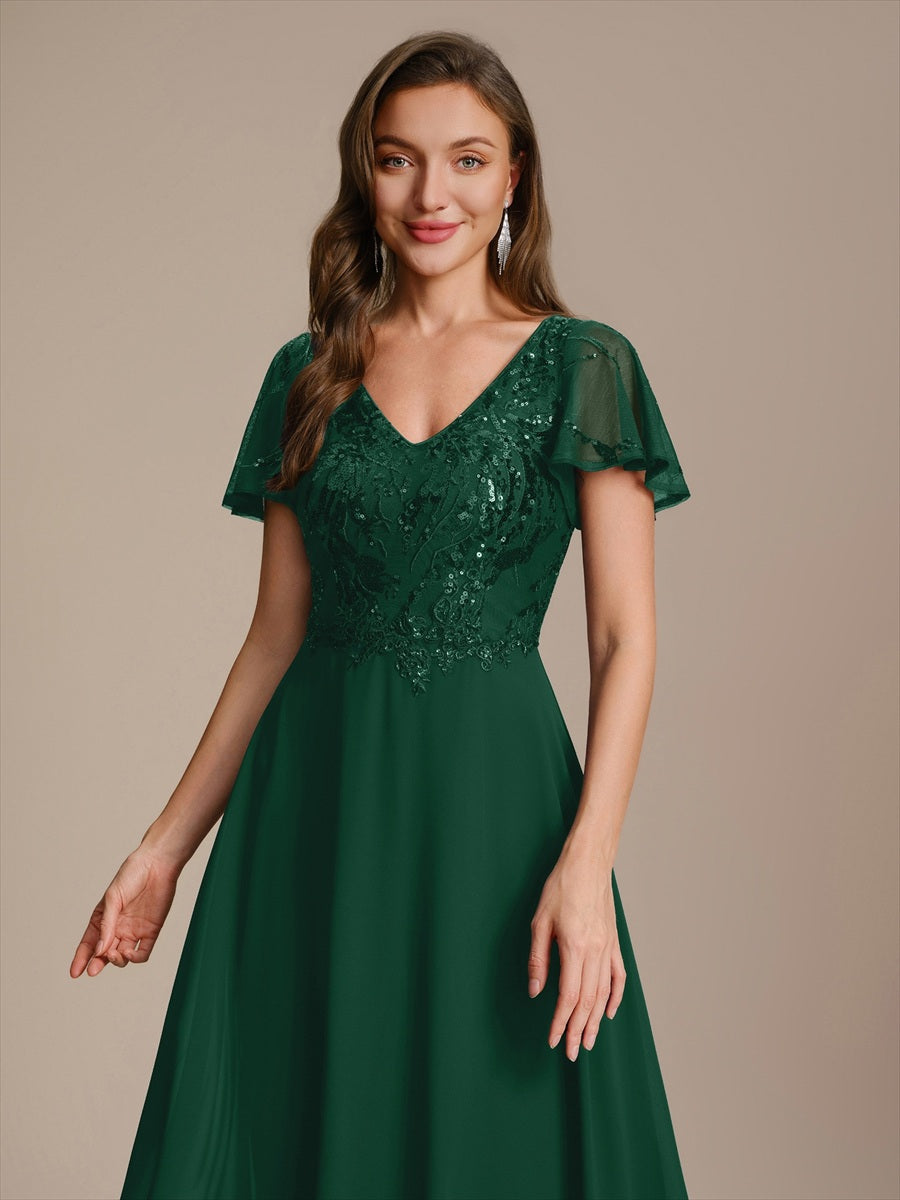 Maxi V-Ausschnitt A-Linie Pailletten Kleid Mit Tiefem V-Ausschnitt Und Applikationen Durchsichtiger Stil Kleid #Farbe_Dunkelgrün