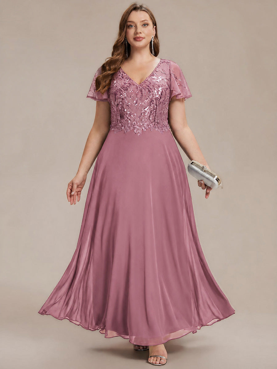 Maxi V-Ausschnitt A-Linie Pailletten Kleid Mit Tiefem V-Ausschnitt Und Applikationen Durchsichtiger Stil Kleid #Farbe_Orchideenviolett