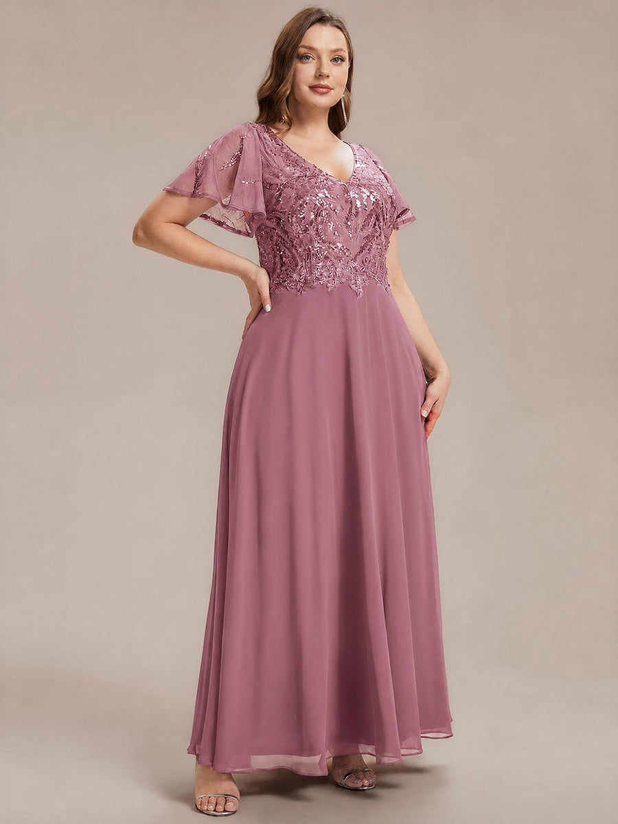 Maxi V-Ausschnitt A-Linie Pailletten Kleid Mit Tiefem V-Ausschnitt Und Applikationen Durchsichtiger Stil Kleid #Farbe_Orchideenviolett