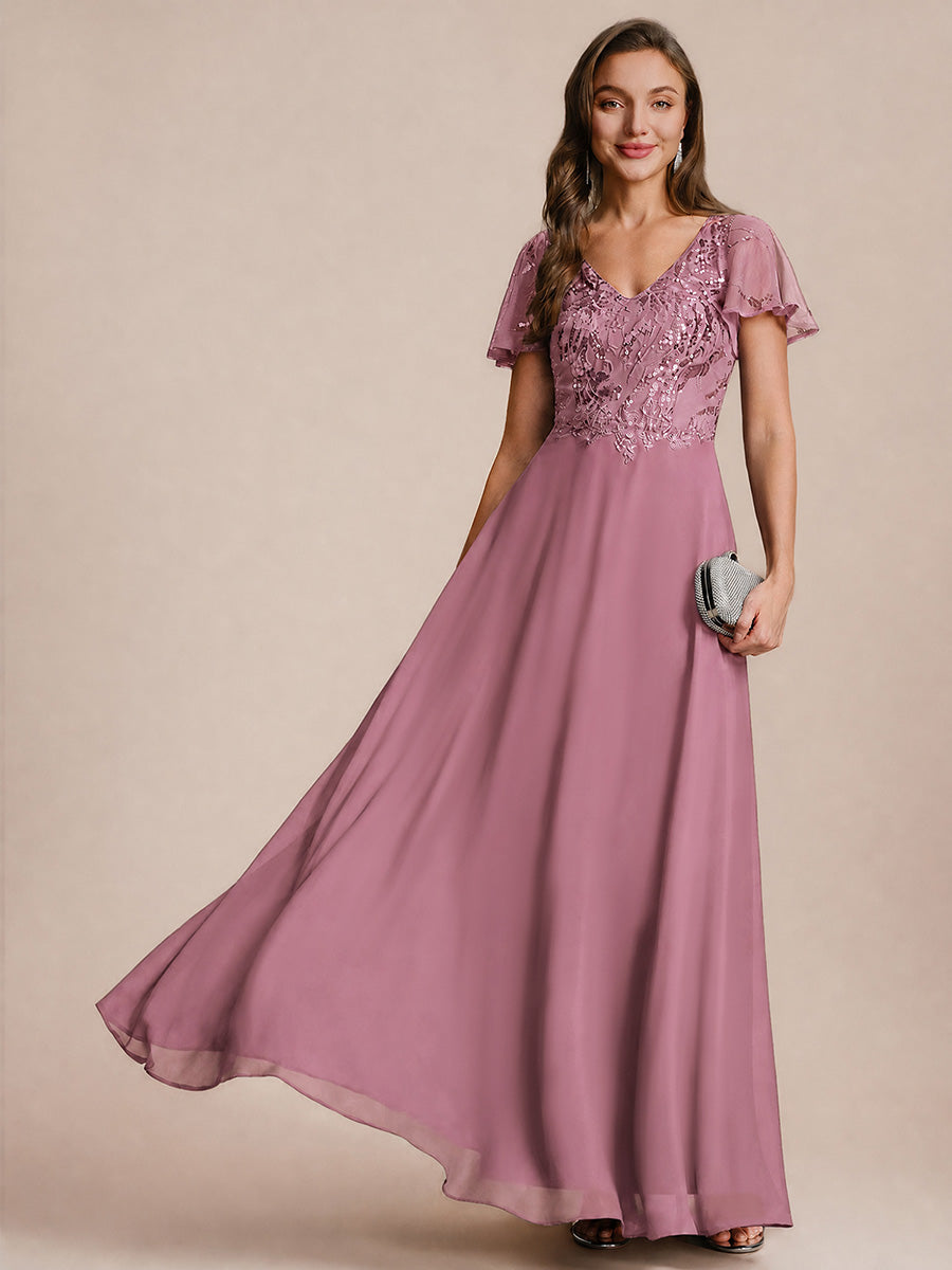 Maxi V-Ausschnitt A-Linie Pailletten Kleid Mit Tiefem V-Ausschnitt Und Applikationen Durchsichtiger Stil Kleid #Farbe_Orchideenviolett