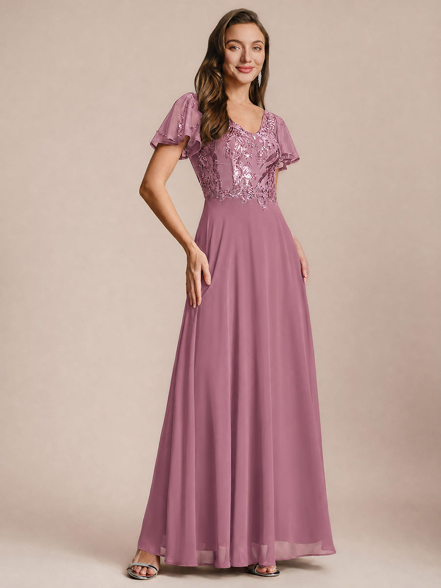 Maxi V-Ausschnitt A-Linie Pailletten Kleid Mit Tiefem V-Ausschnitt Und Applikationen Durchsichtiger Stil Kleid #Farbe_Orchideenviolett