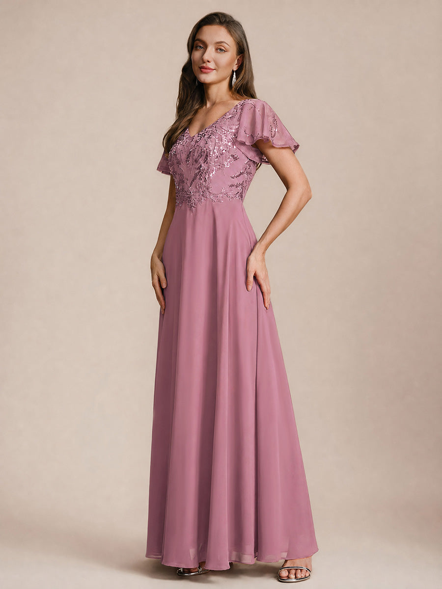 Maxi V-Ausschnitt A-Linie Pailletten Kleid Mit Tiefem V-Ausschnitt Und Applikationen Durchsichtiger Stil Kleid #Farbe_Orchideenviolett