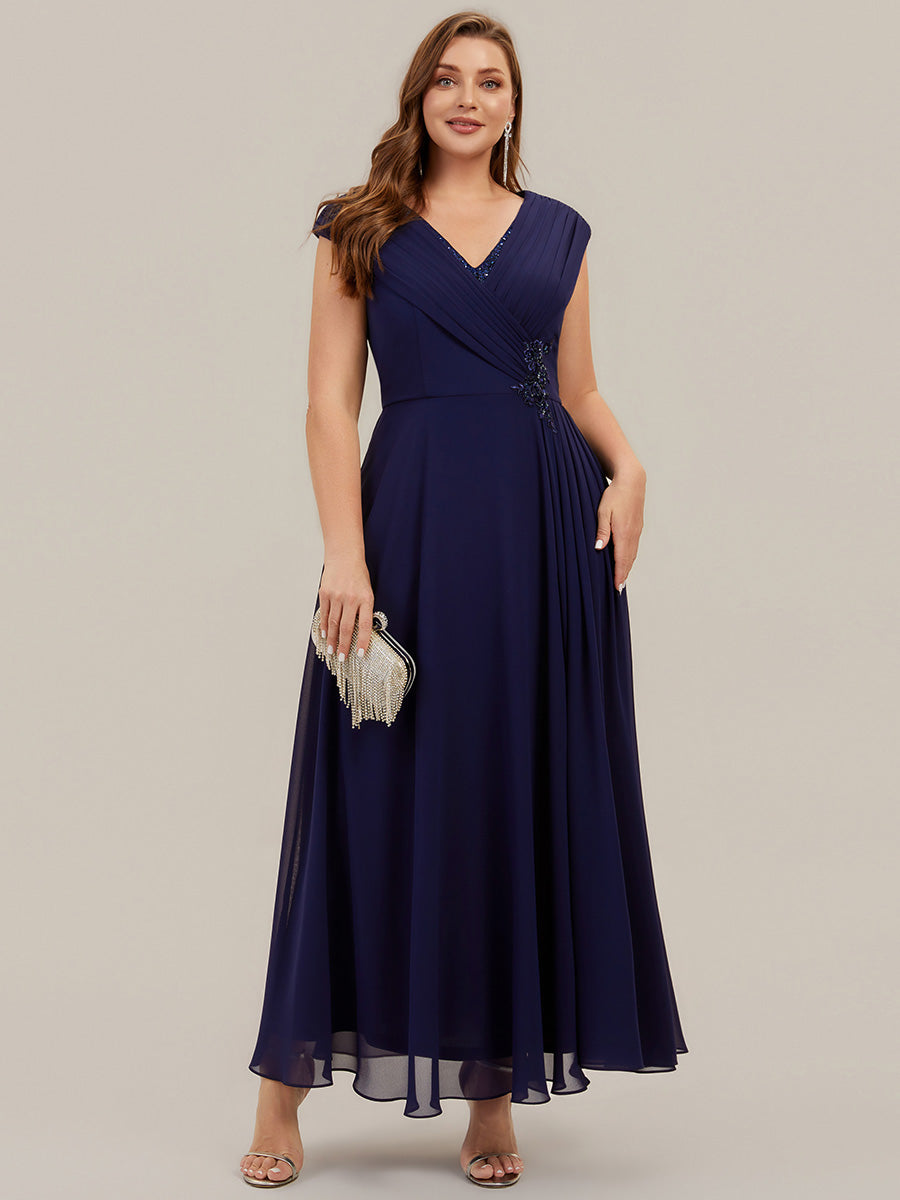 Maxilänge V-Ausschnitt A-Linie Chiffon Kleid Mit Tiefem V-Ausschnitt Applikationen Und Fließenden Bändern #Farbe_Marineblau