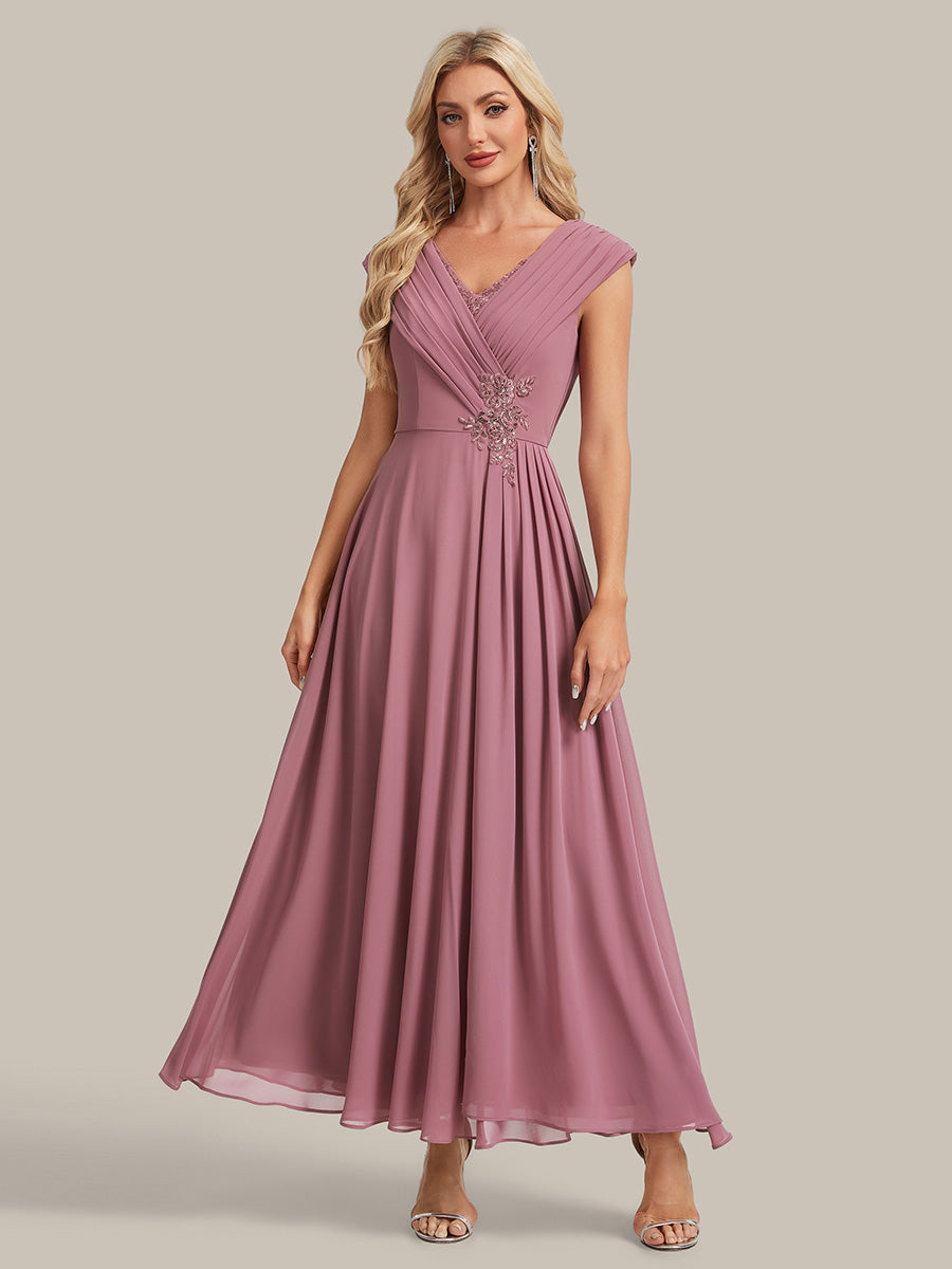 Maxilänge V-Ausschnitt A-Linie Chiffon Kleid Mit Tiefem V-Ausschnitt Applikationen Und Fließenden Bändern #Farbe_Orchideenviolett