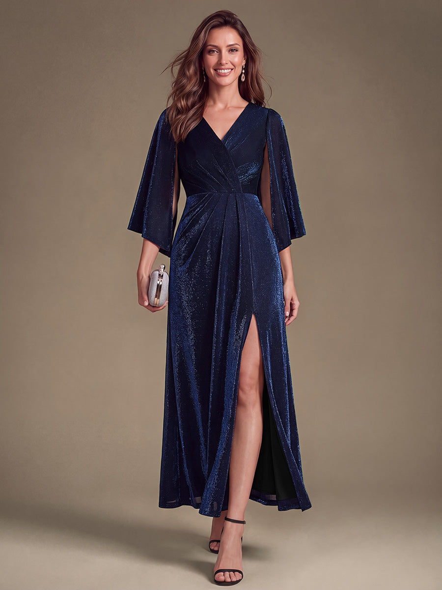 Maxilänge Etui Kleid Überkreuzter Ausschnitt Lurex Netzstoff 3D Drapierung Eleganter Look #Farbe_Marineblau