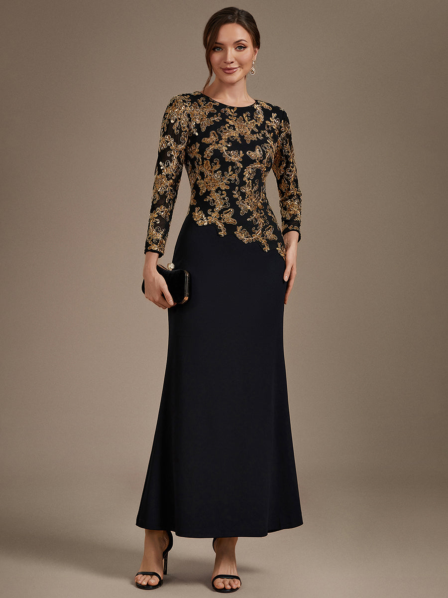 Maxilänge Figurbetontes Kleid Runder Ausschnitt Pailletten Glänzendes Design #Farbe_Schwarz & Gold