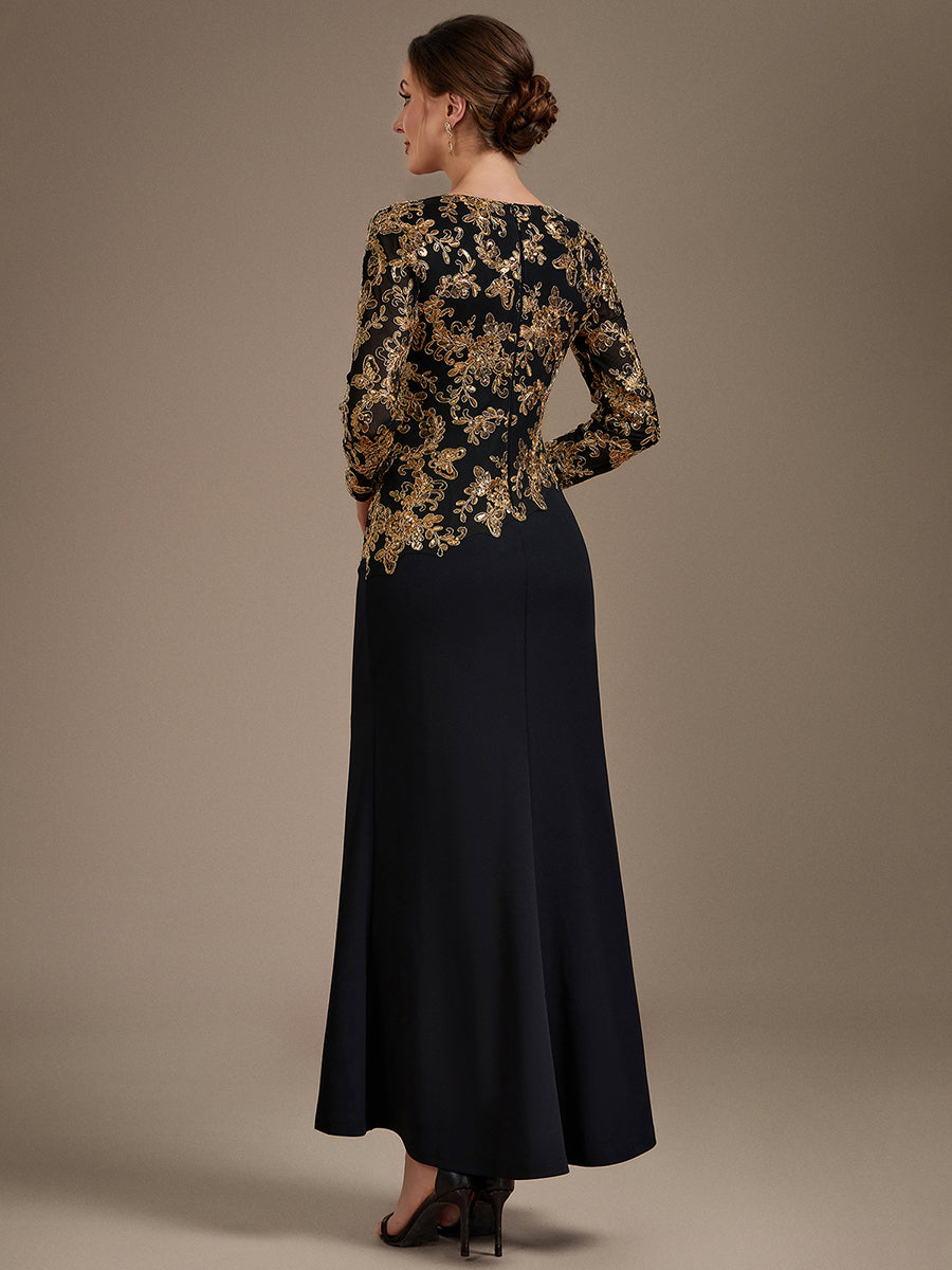 Maxilänge Figurbetontes Kleid Runder Ausschnitt Pailletten Glänzendes Design #Farbe_Schwarz & Gold