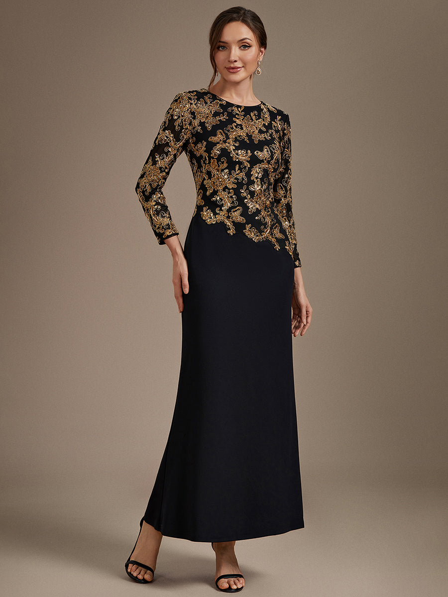 Maxilänge Figurbetontes Kleid Runder Ausschnitt Pailletten Glänzendes Design #Farbe_Schwarz & Gold