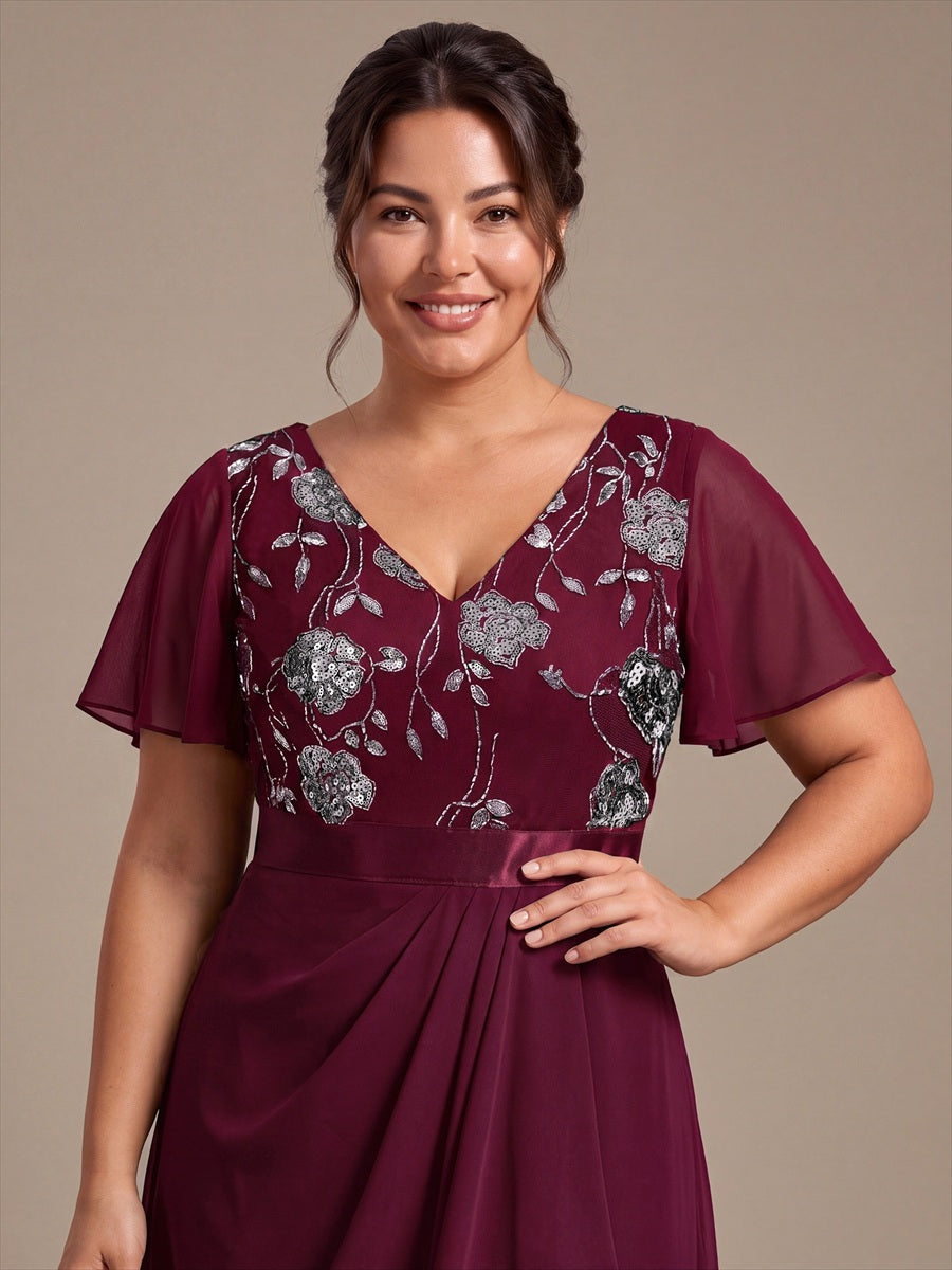 Chiffon V-Ausschnitt Asymmetrical Volantärmel brautmutterkleid #Farbe_Burgunderrot
