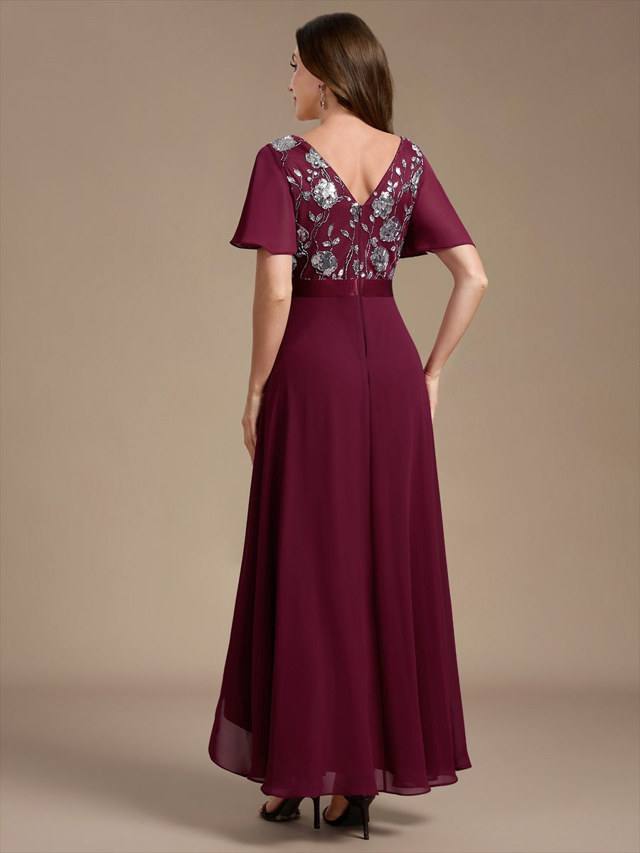 Chiffon V-Ausschnitt Asymmetrical Volantärmel brautmutterkleid #Farbe_Burgunderrot