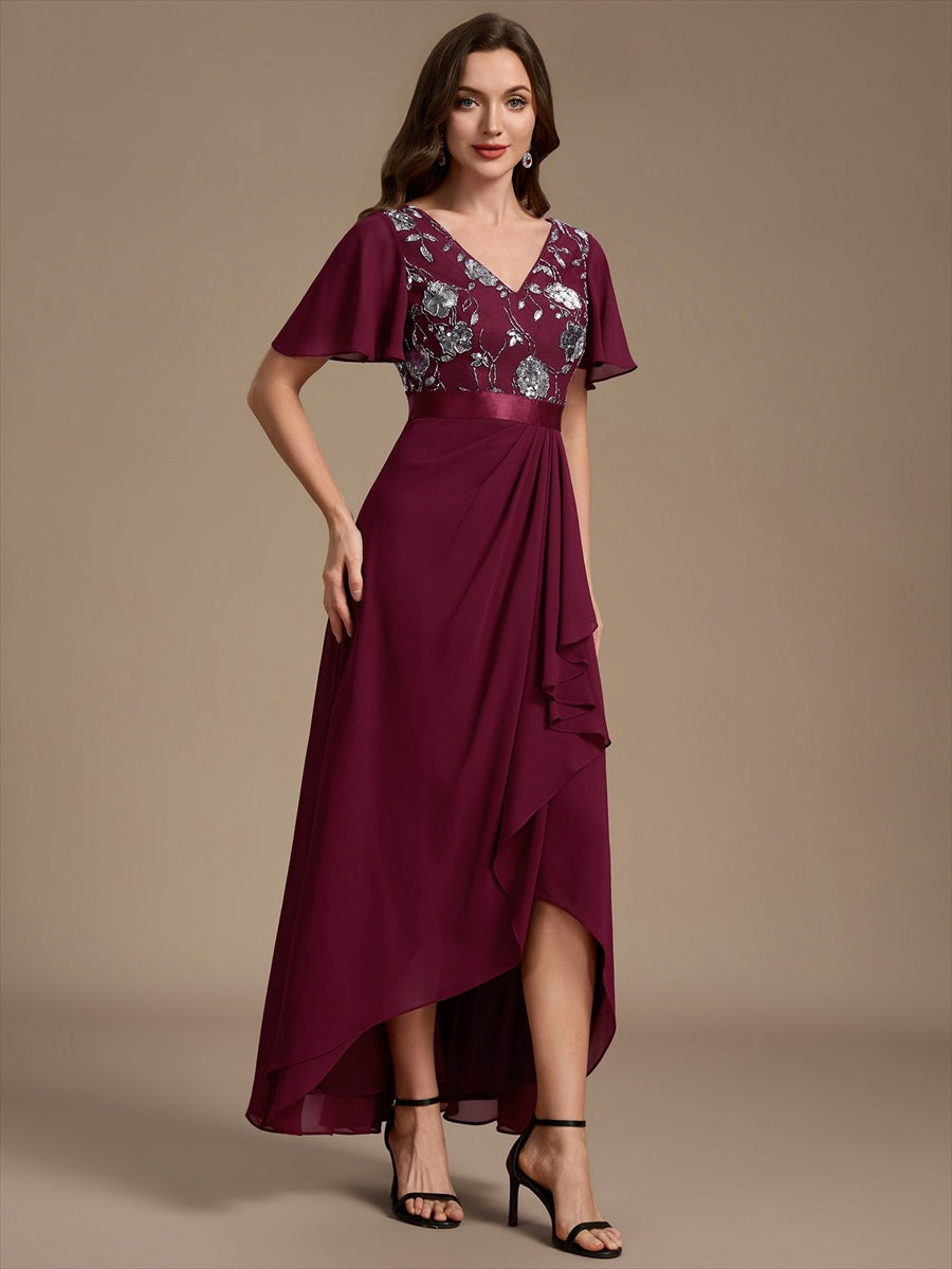 Chiffon V-Ausschnitt Asymmetrical Volantärmel brautmutterkleid #Farbe_Burgunderrot