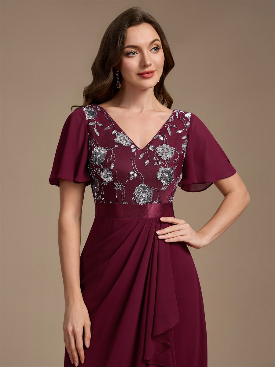 Chiffon V-Ausschnitt Asymmetrical Volantärmel brautmutterkleid #Farbe_Burgunderrot