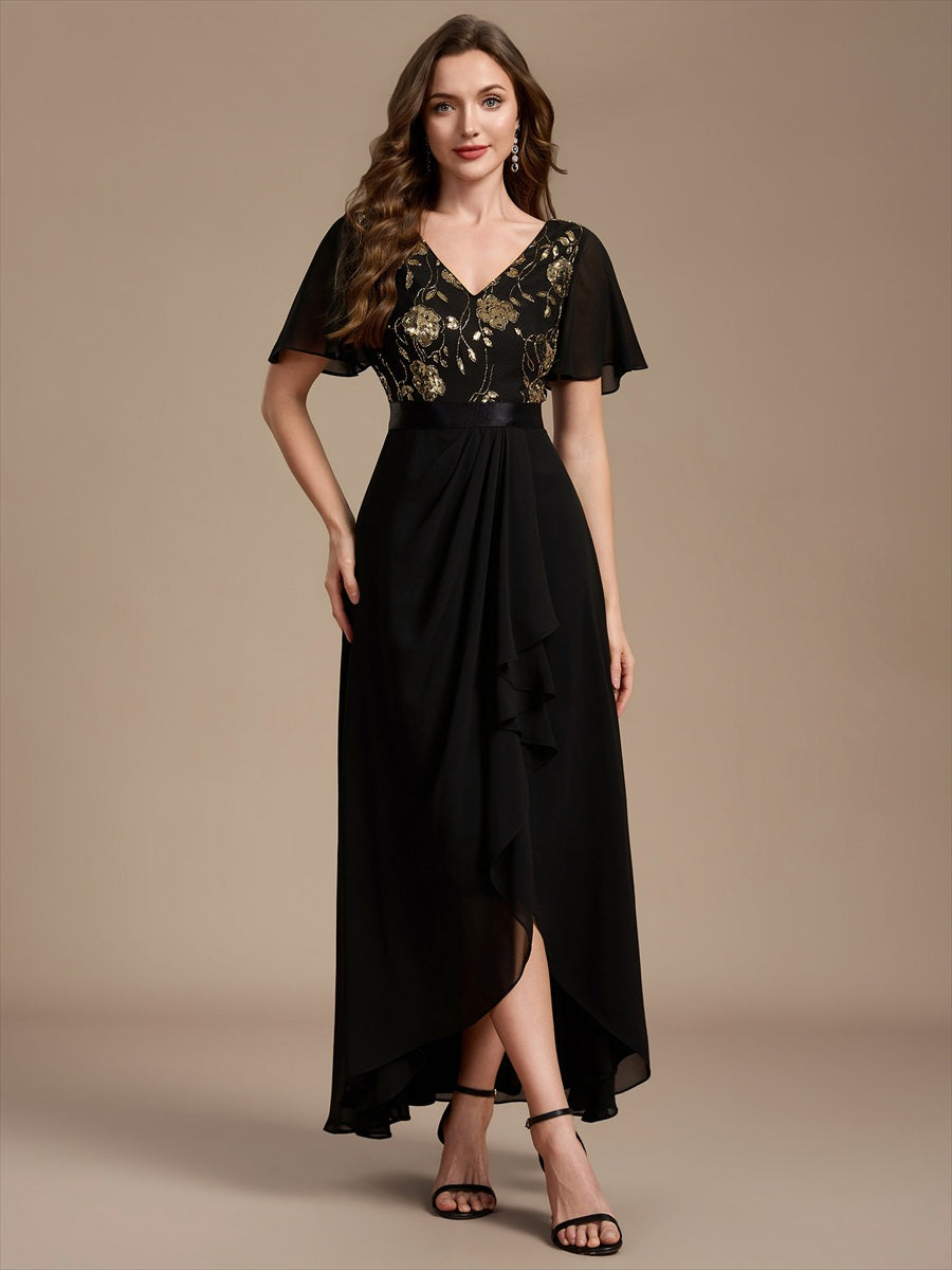 Chiffon V-Ausschnitt Asymmetrical Volantärmel brautmutterkleid #Farbe_Schwarz & Gold