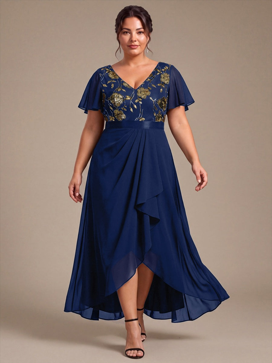 Chiffon V-Ausschnitt Asymmetrical Volantärmel brautmutterkleid #Farbe_Marineblau