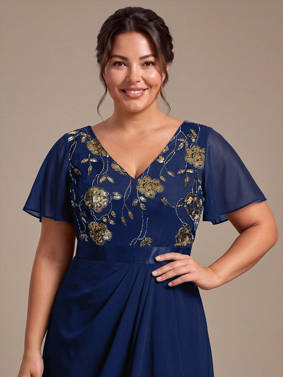 Chiffon V-Ausschnitt Asymmetrical Volantärmel brautmutterkleid #Farbe_Marineblau