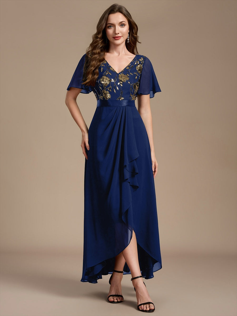 Chiffon V-Ausschnitt Asymmetrical Volantärmel brautmutterkleid #Farbe_Marineblau