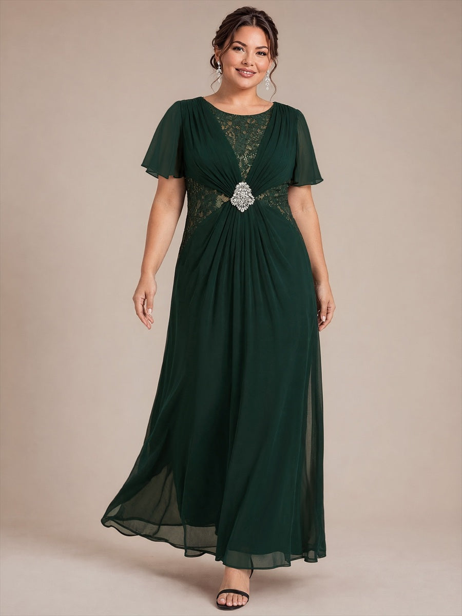 Chiffon A-Linie Volantärmel Nicht elastisch brautmutterkleid #Farbe_Dunkelwaldgrün