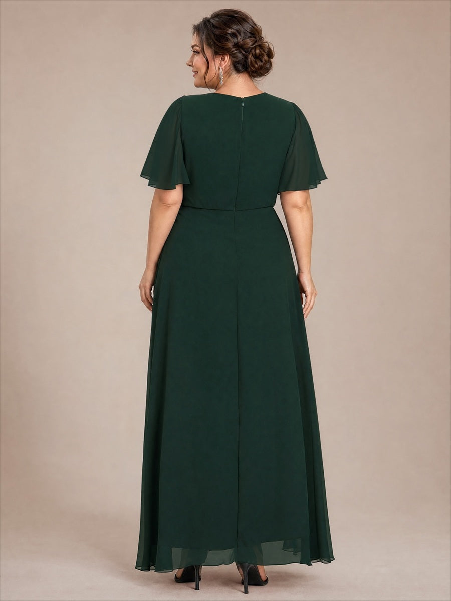 Chiffon A-Linie Volantärmel Nicht elastisch brautmutterkleid #Farbe_Dunkelwaldgrün