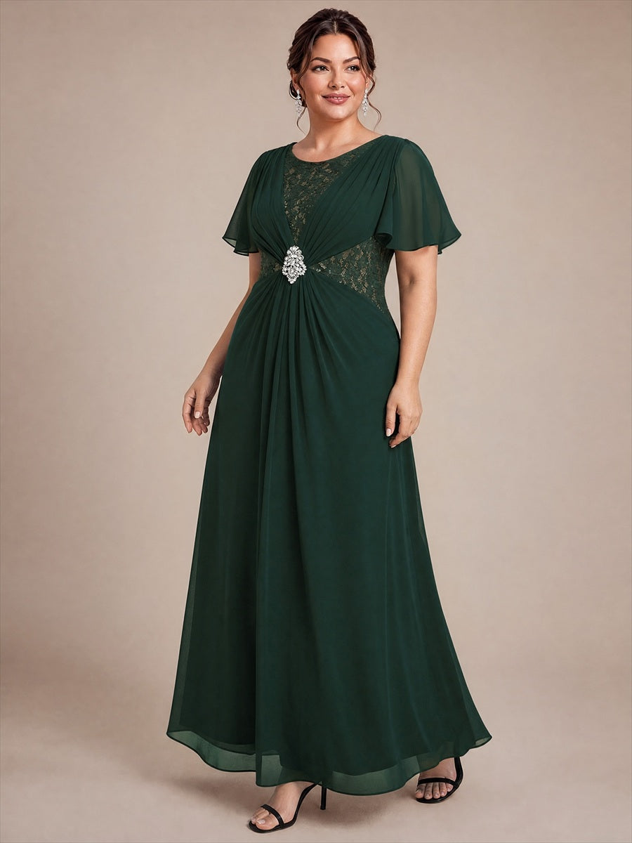 Chiffon A-Linie Volantärmel Nicht elastisch brautmutterkleid #Farbe_Dunkelwaldgrün