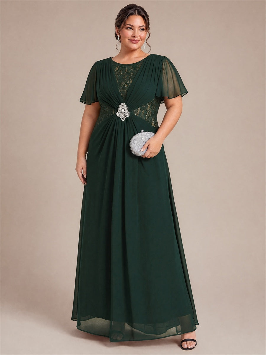 Chiffon A-Linie Volantärmel Nicht elastisch brautmutterkleid #Farbe_Dunkelwaldgrün
