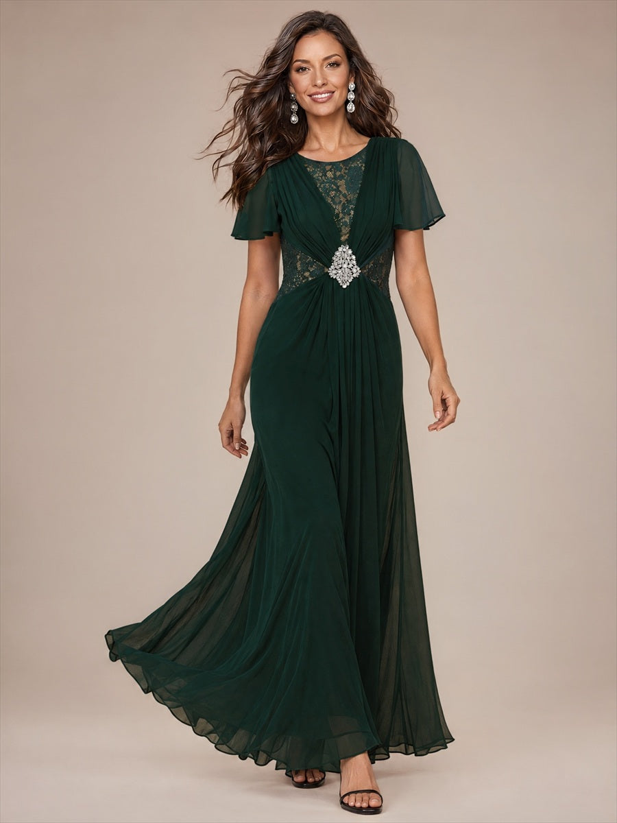 Chiffon A-Linie Volantärmel Nicht elastisch brautmutterkleid #Farbe_Dunkelwaldgrün