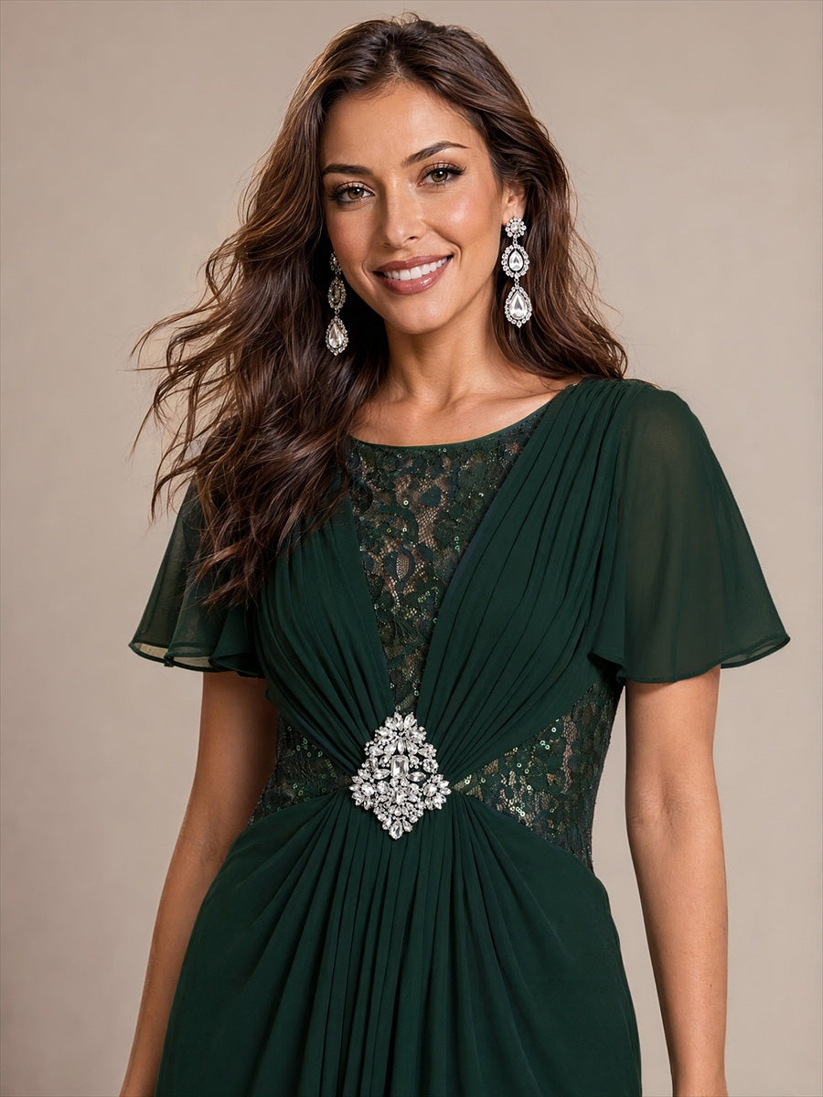 Chiffon A-Linie Volantärmel Nicht elastisch brautmutterkleid #Farbe_Dunkelwaldgrün