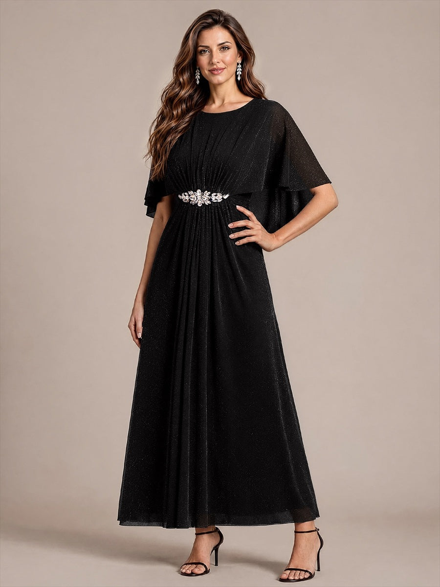 Bodenlang mit A-Linie, Cape-Ärmel, und brautmutterkleid #Farbe_Schwarz