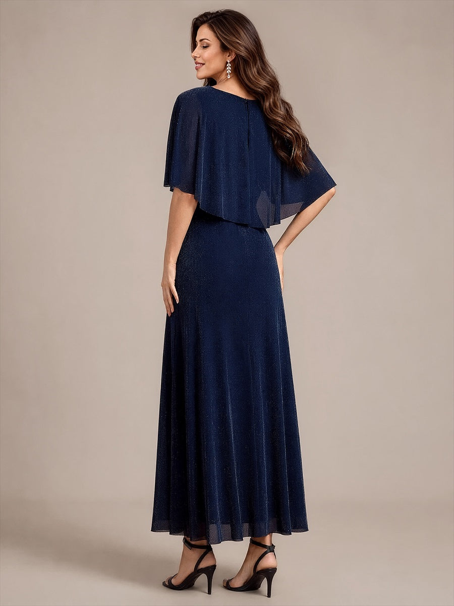 Bodenlang mit A-Linie, Cape-Ärmel, und brautmutterkleid #Farbe_Marineblau