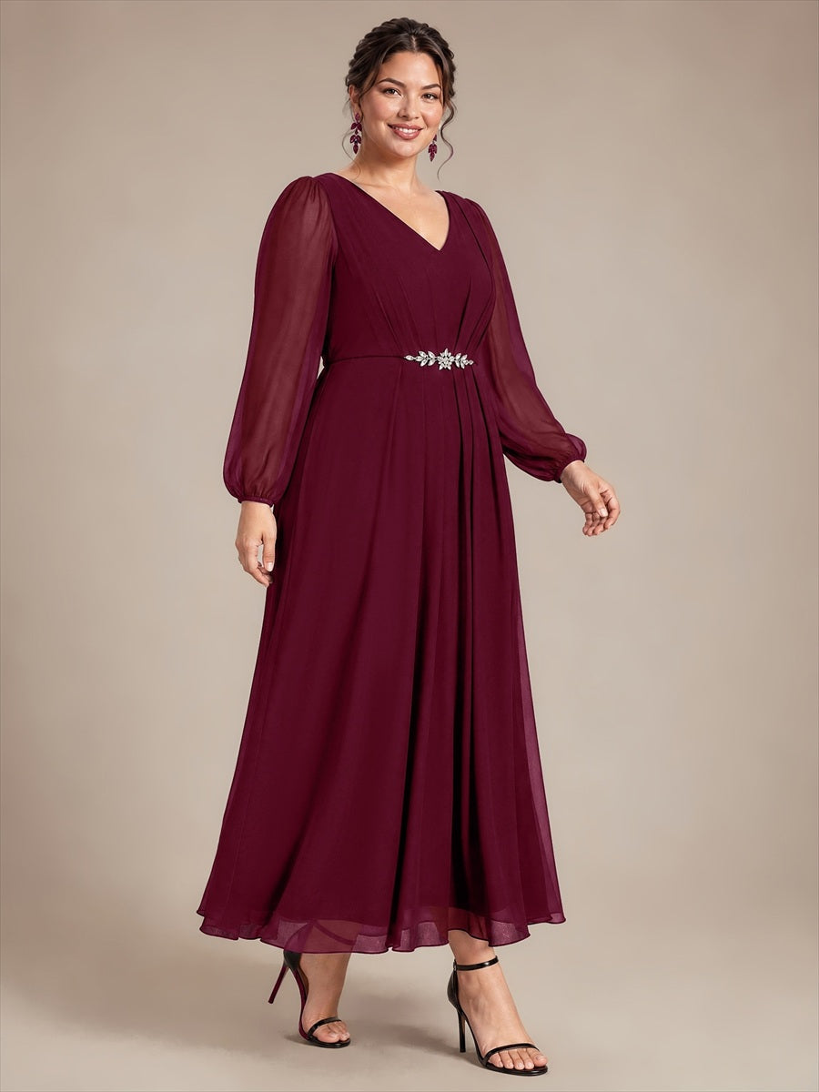 Chiffon Brautmutterkleid mit V-Ausschnitt und Puffärmeln brautmutterkleid #Farbe_Burgunderrot