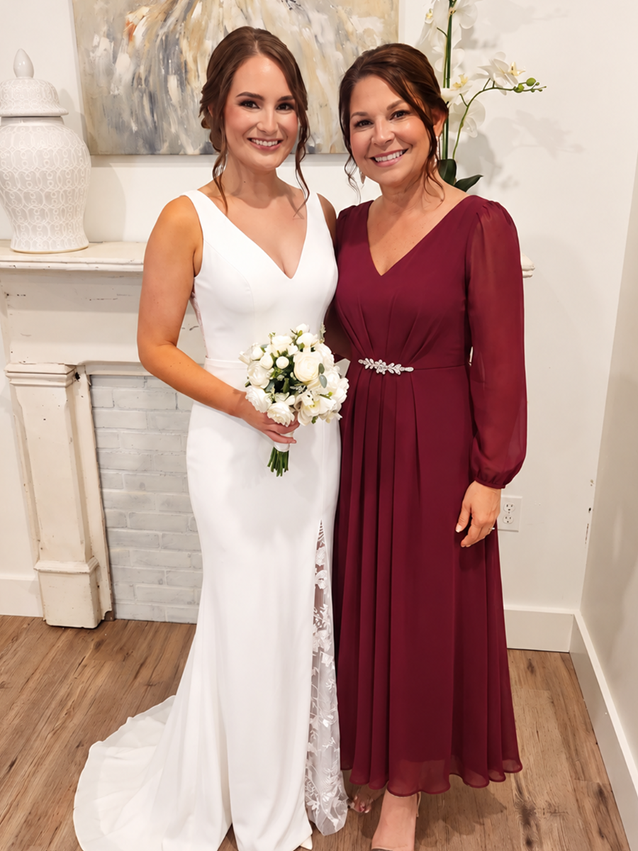 Chiffon Brautmutterkleid mit V-Ausschnitt und Puffärmeln brautmutterkleid #Farbe_Burgunderrot