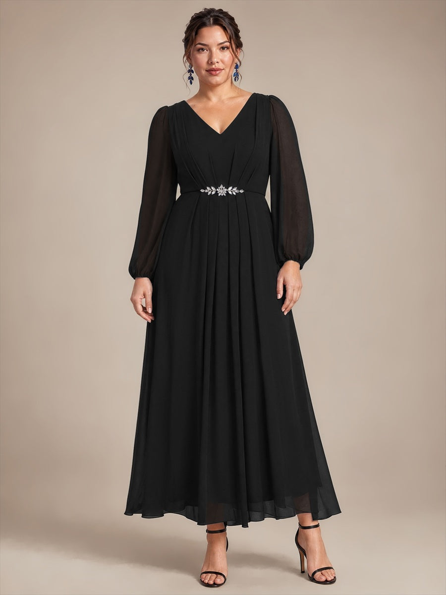 Chiffon Brautmutterkleid mit V-Ausschnitt und Puffärmeln brautmutterkleid #Farbe_Schwarz