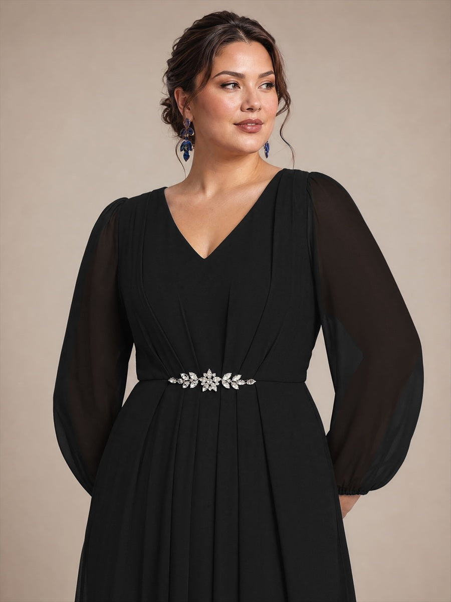 Chiffon Brautmutterkleid mit V-Ausschnitt und Puffärmeln brautmutterkleid #Farbe_Schwarz