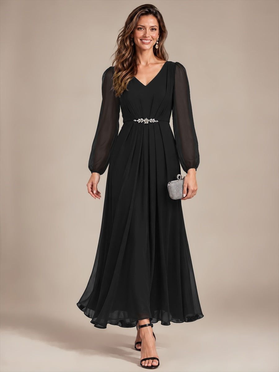 Chiffon Brautmutterkleid mit V-Ausschnitt und Puffärmeln brautmutterkleid #Farbe_Schwarz