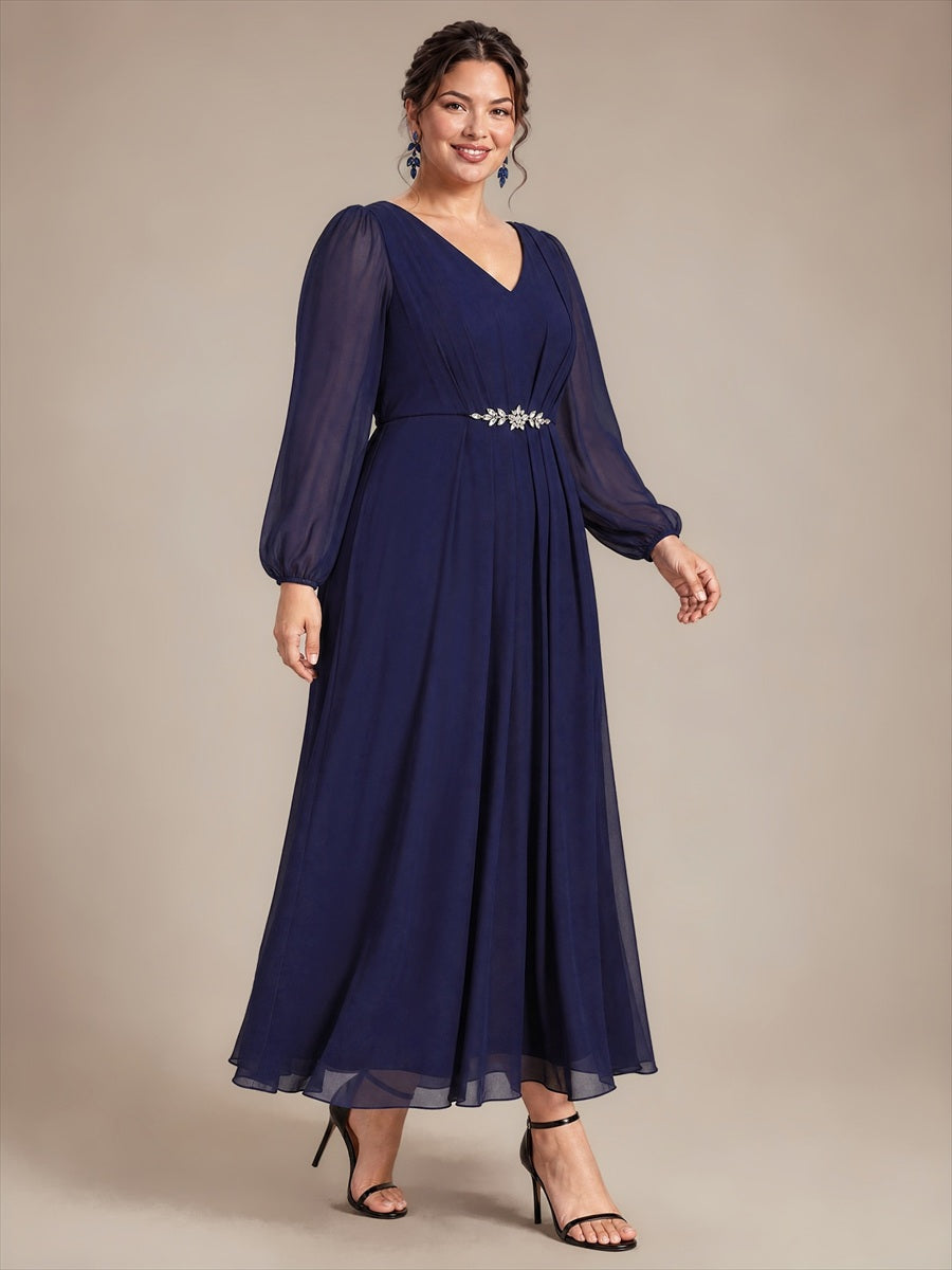 Chiffon Brautmutterkleid mit V-Ausschnitt und Puffärmeln brautmutterkleid #Farbe_Marineblau