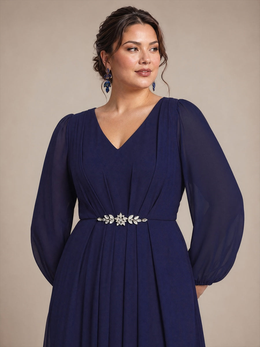 Chiffon Brautmutterkleid mit V-Ausschnitt und Puffärmeln brautmutterkleid #Farbe_Marineblau