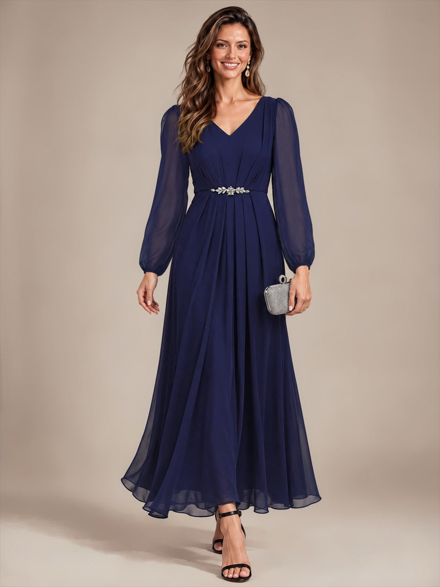 Chiffon Brautmutterkleid mit V-Ausschnitt und Puffärmeln brautmutterkleid #Farbe_Marineblau