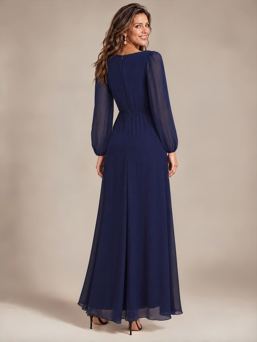 Chiffon Brautmutterkleid mit V-Ausschnitt und Puffärmeln brautmutterkleid #Farbe_Marineblau